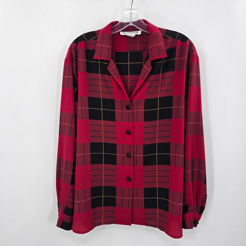 Gloria Vanderbilt Vintage Red Black Plaid Button Down Blouse Top Womens Size 10